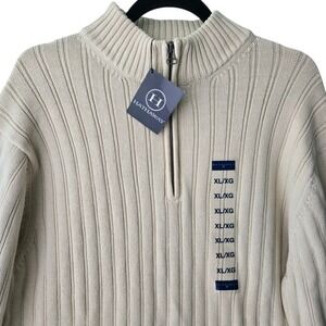 Hathaway Mens XL Quarter Zip Sweater Beige 100% Cotton Ribbed Knit Mock Neck NWT